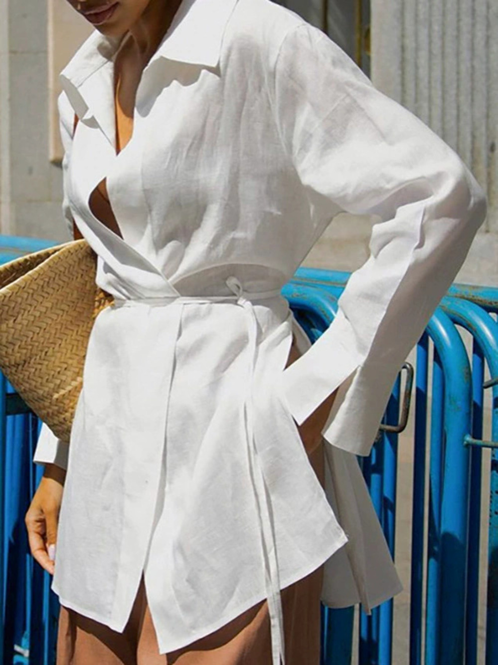 Zara White Relaxed Long Sleeve Tie Front Cotton Linen Blouse for Fall Commute